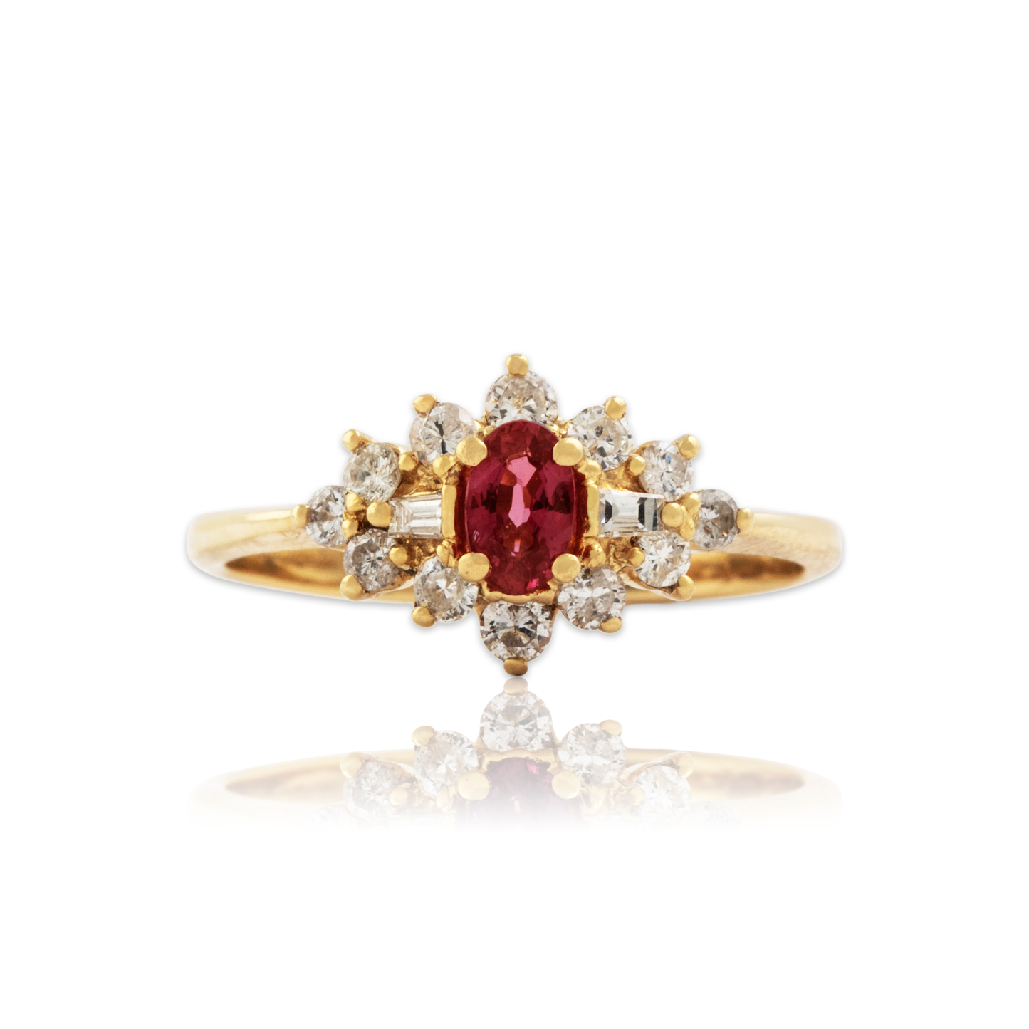Vintage 18k Yellow Gold Ruby Diamond Haloed Cluster Ring 6.00