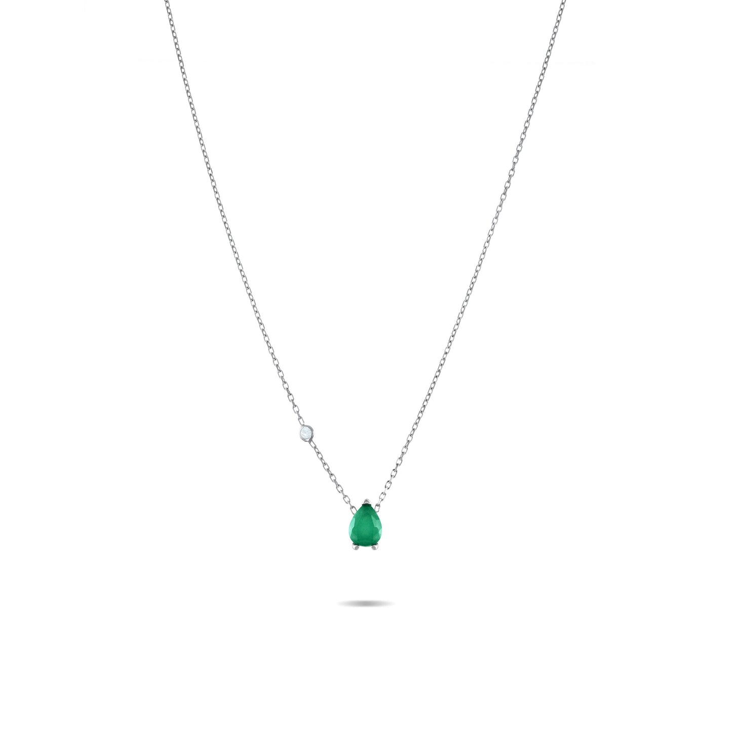 One Bezel Cubic Zirconia Big Teardrop Chain Necklace - Silver Green Matt And White