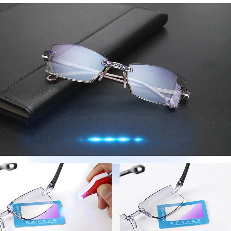 Unisex Rimless Reading Glasses – Anti-Blue Light Bifocal Eyewear for Near & Far Vision