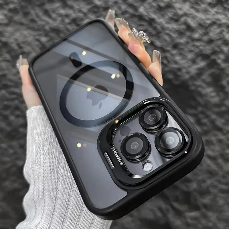 Luxury Magnetic Shockproof Phone Case For iPhone 16 17 15 14 13 12 11 Pro Max Funda For Magsafe Stand Glass Lens Protector Cover