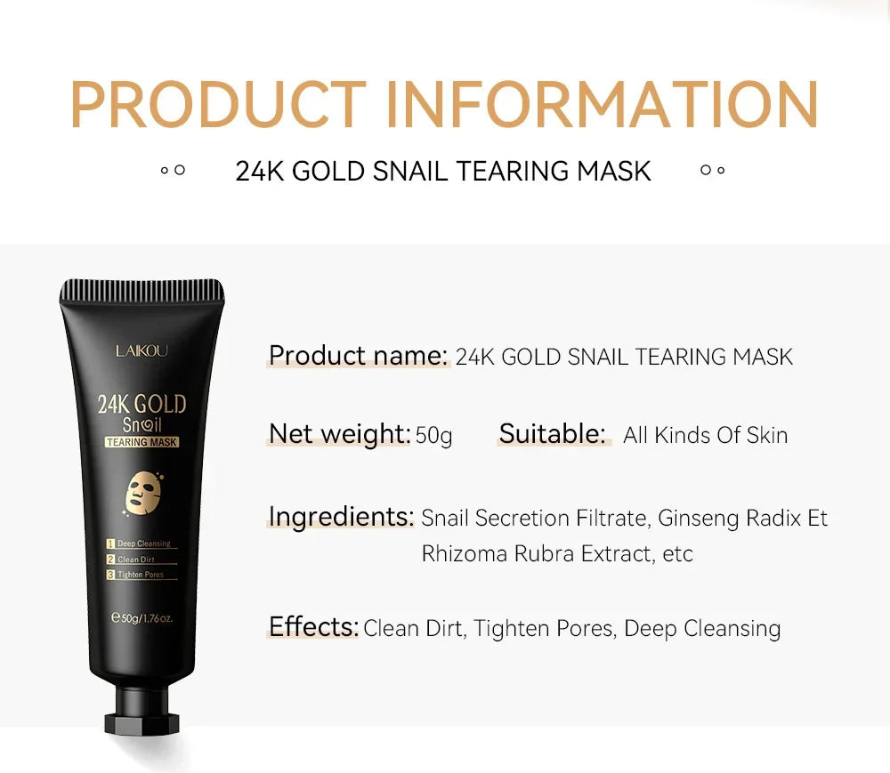 24K Gold & Snail Slime Mask – Deep Cleansing & Anti-Blackheads – Facial Treatment 50g