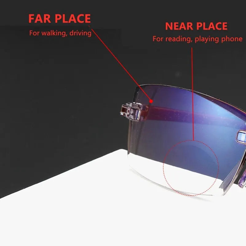 Unisex Rimless Reading Glasses – Anti-Blue Light Bifocal Eyewear for Near & Far Vision