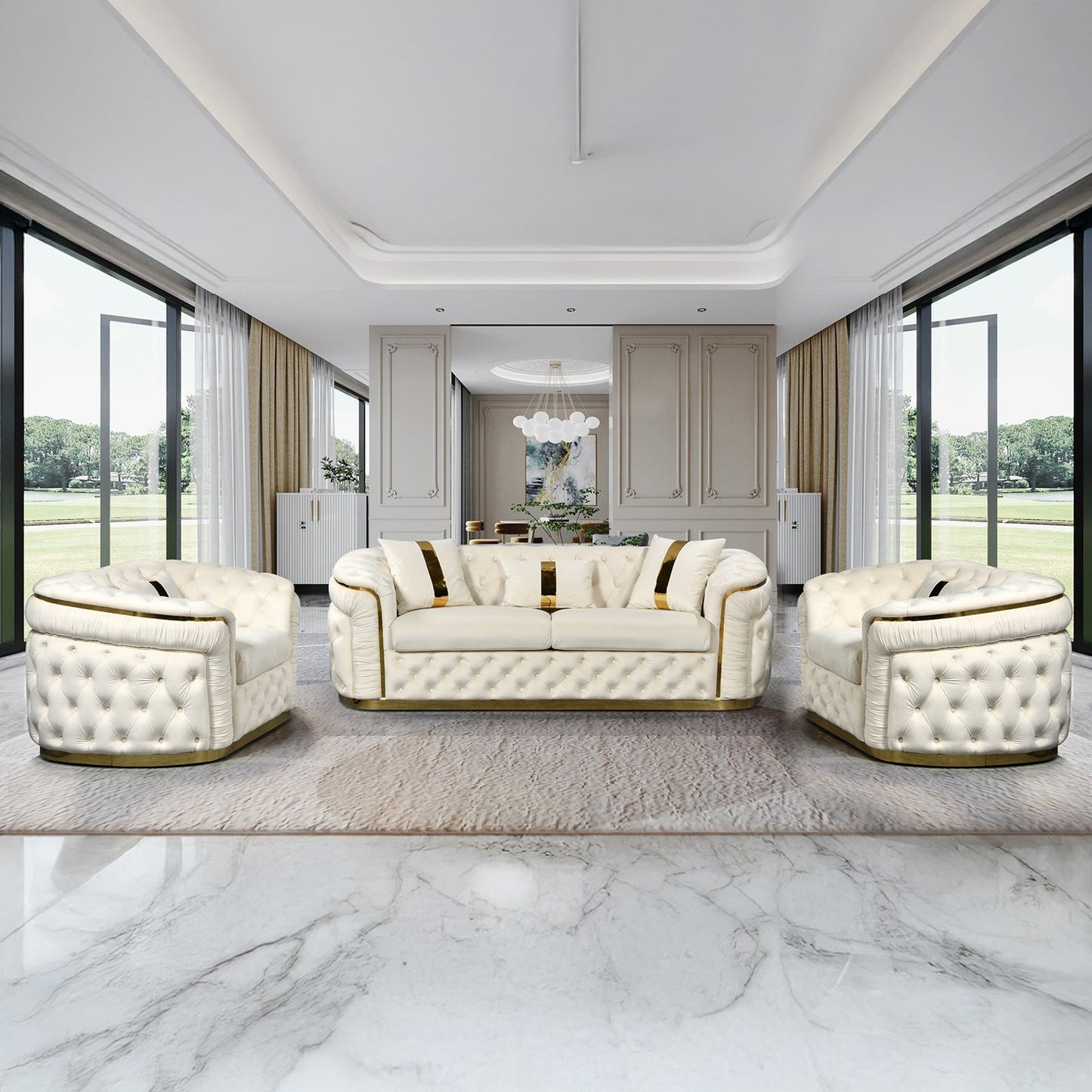 3 Seater and 2pcs 1Seater Sofa Set Beige Velvet Fabric Solid Wood Construction Gold Stainless Steel Trim