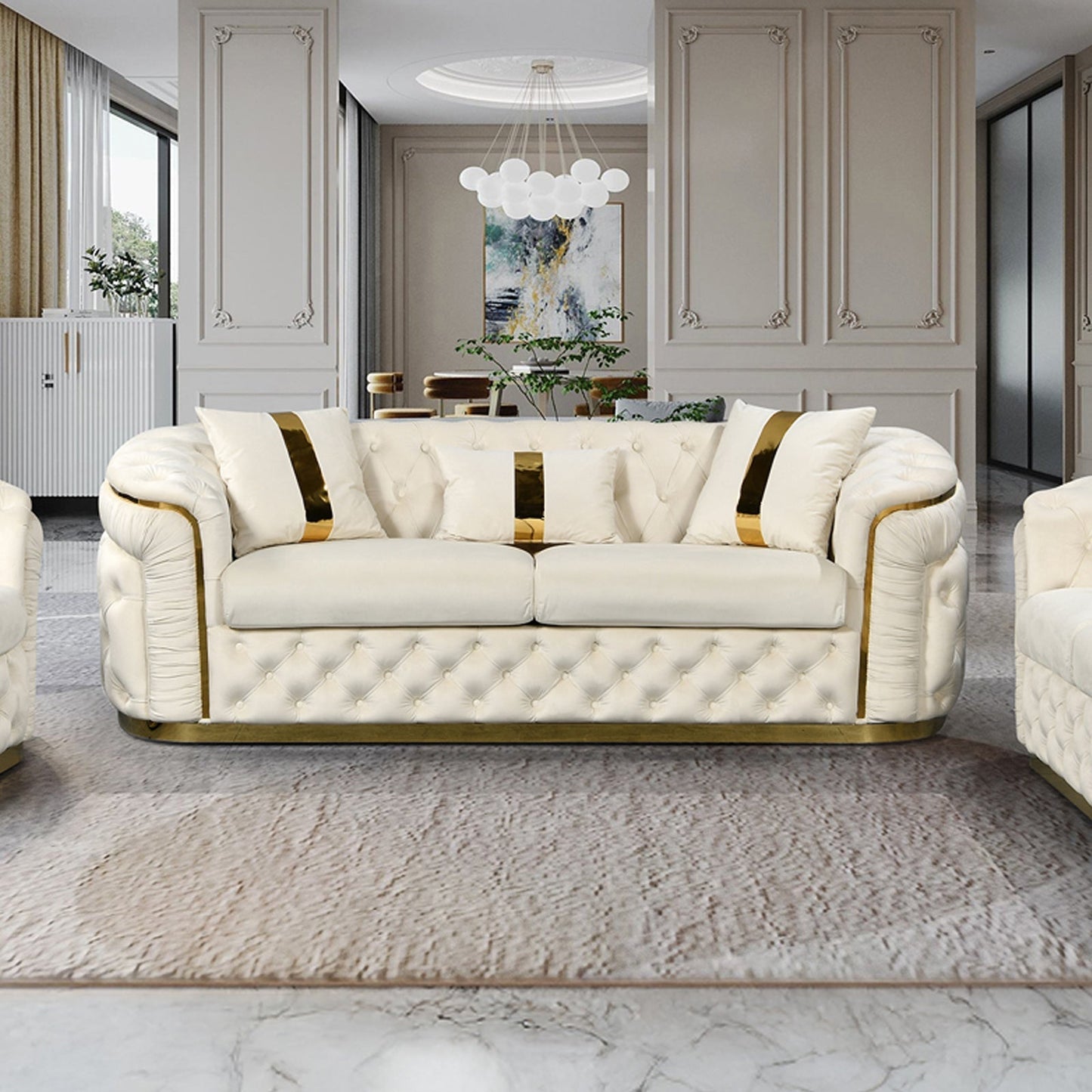 3 Seater and 2pcs 1Seater Sofa Set Beige Velvet Fabric Solid Wood Construction Gold Stainless Steel Trim