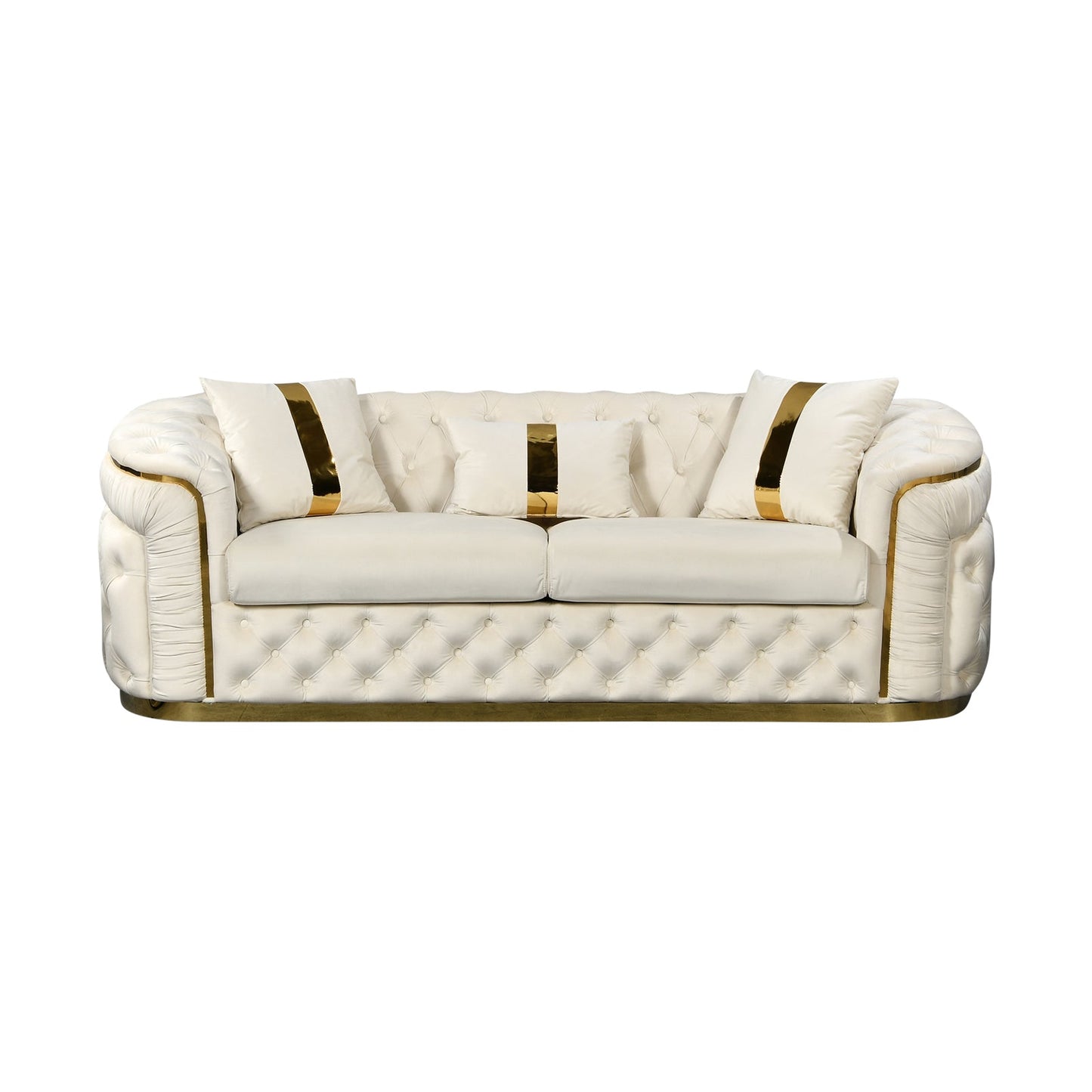 3 Seater and 2pcs 1Seater Sofa Set Beige Velvet Fabric Solid Wood Construction Gold Stainless Steel Trim
