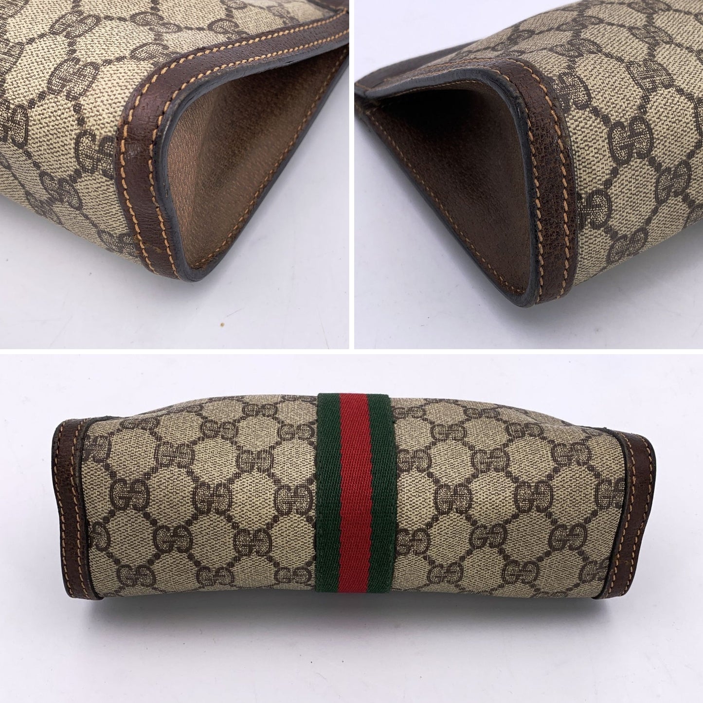 Gucci Vintage Beige Monogram Cosmetic Bag Ophidia Clutch with Stripes