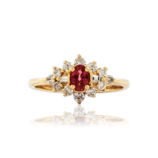 Vintage 18k Yellow Gold Ruby Diamond Haloed Cluster Ring 6.00