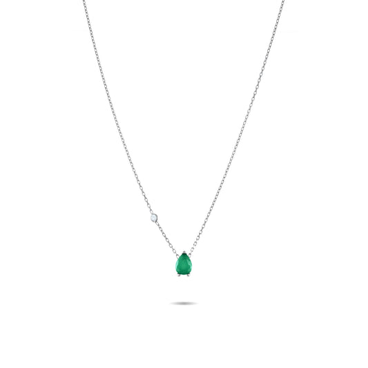 One Bezel Cubic Zirconia Big Teardrop Chain Necklace - Silver Green Matt And White