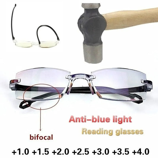 Unisex Rimless Reading Glasses – Anti-Blue Light Bifocal Eyewear for Near & Far Vision